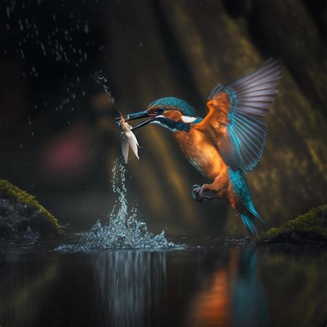 Common European Kingfisher river kingfisher flying after emerging from water with caught fish ...