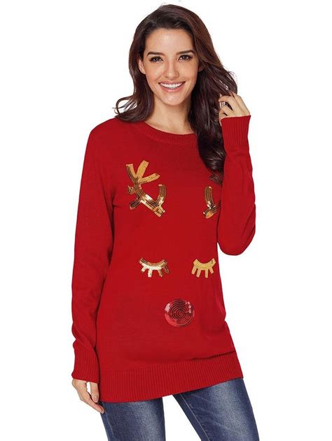 Women sequined reindeer face long sleeve christmas sweater | Red christmas sweater, Christmas ...