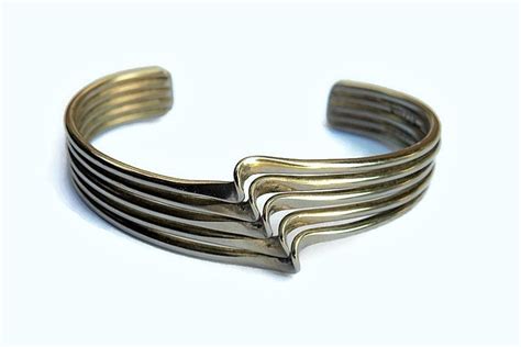 Sterling Silver Wave Cuff Bracelet Form Modernist Sculpted