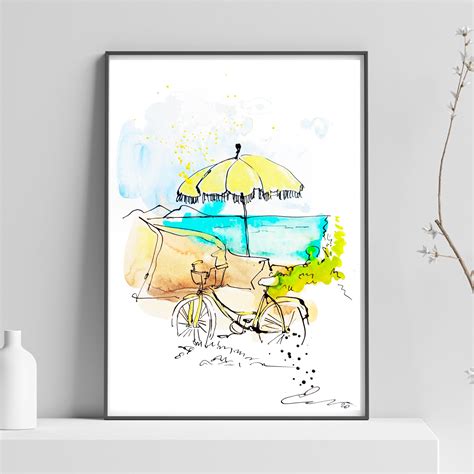 Beach painting California painting Beach watercolor bicycle | Etsy