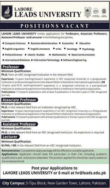 Leads University Lahore Jobs 2017