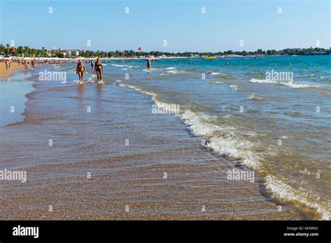 SIDE, TURKEY - 4 OCTOBER, 2017: Coast of Side in Turkey beaches of hotels with resting tourists ...