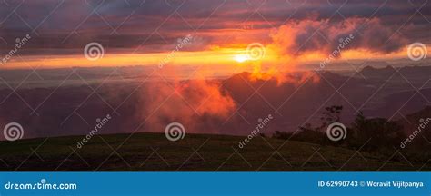 Sunrise with Fog on Mountain Stock Image - Image of horizontal, hill: 62990743