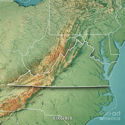 Virginia State USA 3D Render Topographic Map Border Digital Art by Frank Ramspott - Pixels Merch