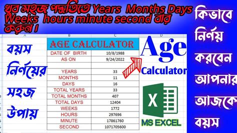 Age Calculator years Months Days weeks Hours Minutes Second in Excel Bengali tutorial #expert02 ...