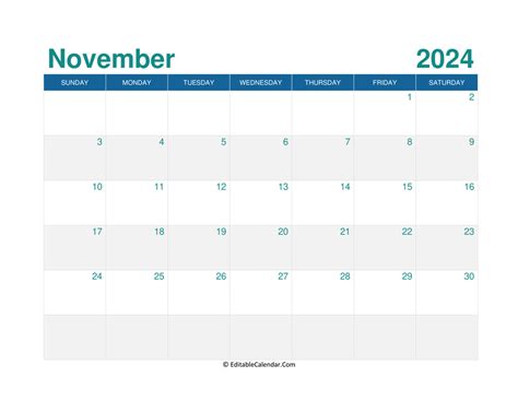 November 2024 Editable Calendar with Holidays