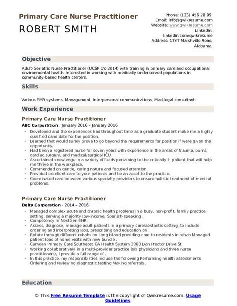 Primary Care Nurse Practitioner Resume Samples | QwikResume