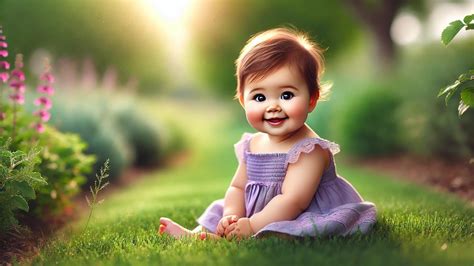 cute baby girl sitting on the grass in a natural outdoor setting. The ...