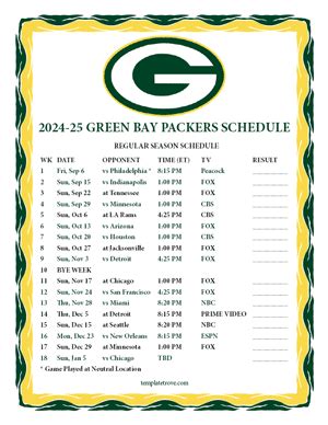 Printable 2024-2025 Green Bay Packers Schedule