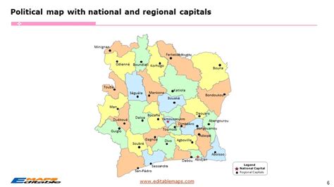 Ivory Coast Map with 31 Regions and 2 Districts, 108 Departments ...