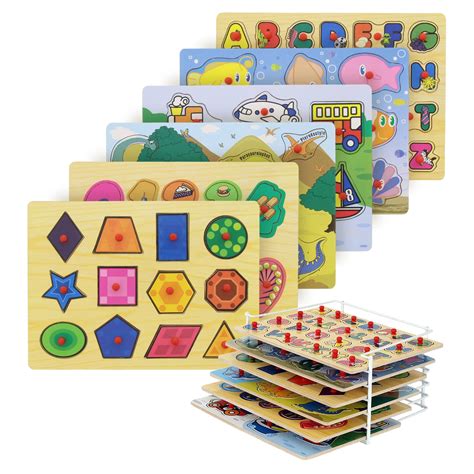 Etna Wood Peg Puzzle Set with 6 Puzzles and Wire Storage Rack – ABC, Numbers, Shapes, Vehicles ...