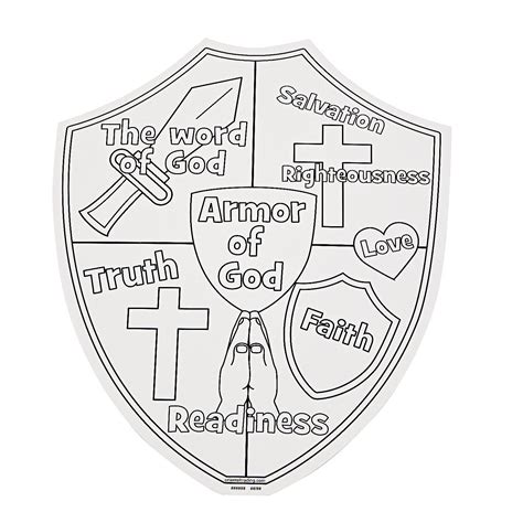 the armor of god shield coloring page is shown in black and white, with words on it