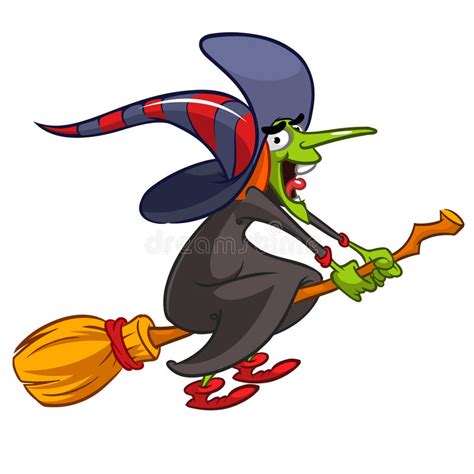 Cartoon Witch Flying on a Broom. Vector Halloween Illustration with a ...