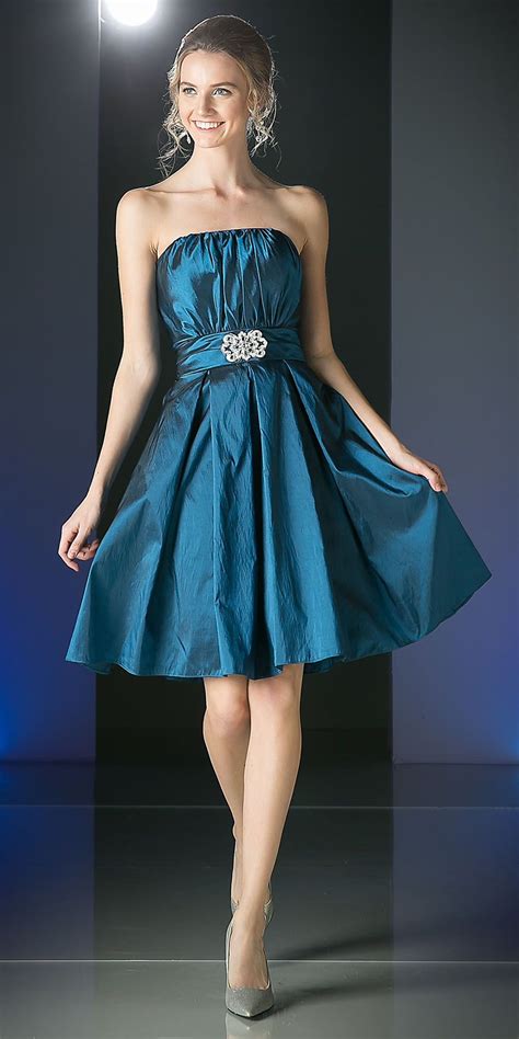 CLEARANCE - Knee Length Teal Blue Dress Strapless Taffeta Jewel Waist ...