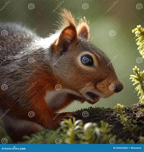 Curious Red Squirrel Peeking Behind The Tree Trunk. Cartoon Character Of A Mammalian Rodent. A ...