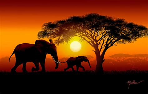 Mother And Baby Elephant African Sunset Painting by Henry Mueller - Pixels