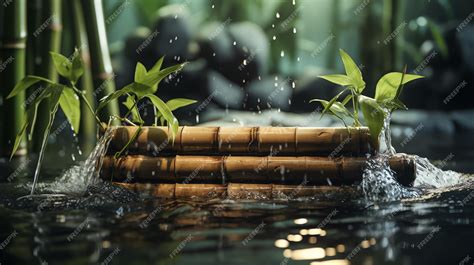Premium Photo | A bamboo raft in water with green leaves
