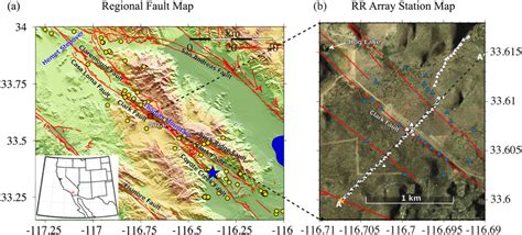 The San Jacinto Fault and station map. (a) The regional map of faults ...