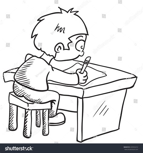 Black And White Boy Doing Homework Cartoon Illustration - 425652412 ...