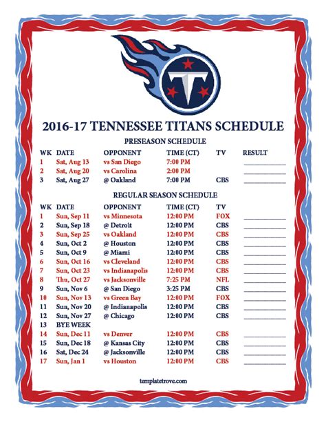 Printable 2016-2017 Tennessee Titans Schedule