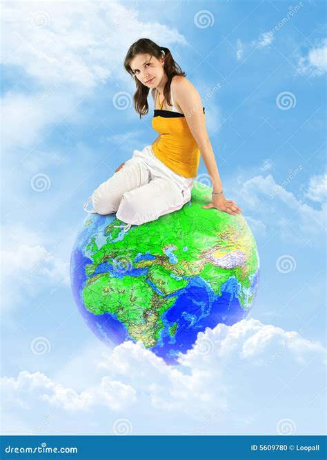 Young Girl Sitting on Earth Globe in Clouds Stock Photo - Image of fresh, woman: 5609780