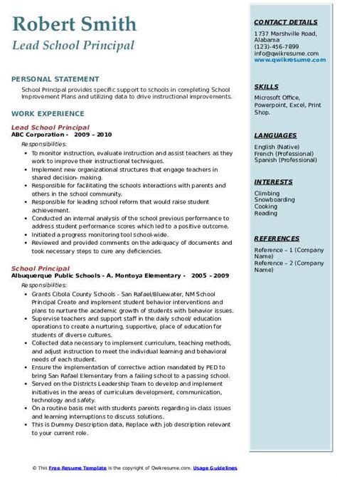 School Principal Resume Samples | QwikResume