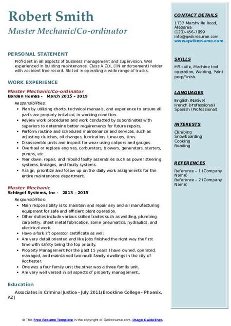 Master Mechanic Resume Samples | QwikResume