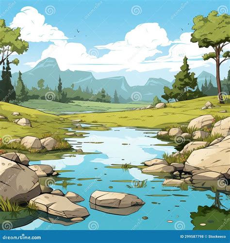 Serene Cartoon River Scene with Trees and Rocks Stock Illustration ...