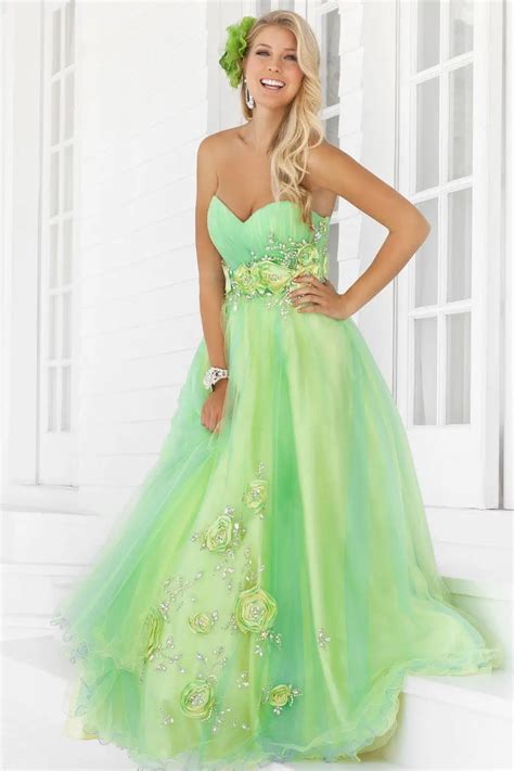 2015 Lime Green Prom Dresses A Line Sweetheart Tulle Lace Up Handmade Flowers Beading Evening ...