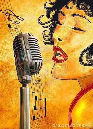 A drawing of a woman singing close to an old fashioned microphone, with ...