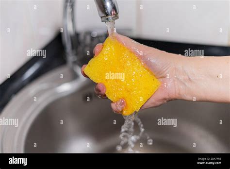 Yellow sponge for dishes under water in girl hand Stock Photo - Alamy