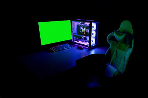 Gaming Pc With Rgb Light Keyboard Mouse Gaming Chair And Monitor With Green Screen Copy Space ...