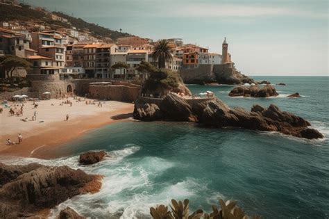 Premium AI Image | A beach with a lighthouse in the background