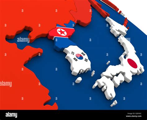 Map of South Korean and North Korea on globe with embedded flags of ...