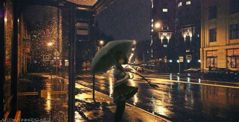 umbrella, night, rain, anime girls, HD Wallpaper | Rare Gallery