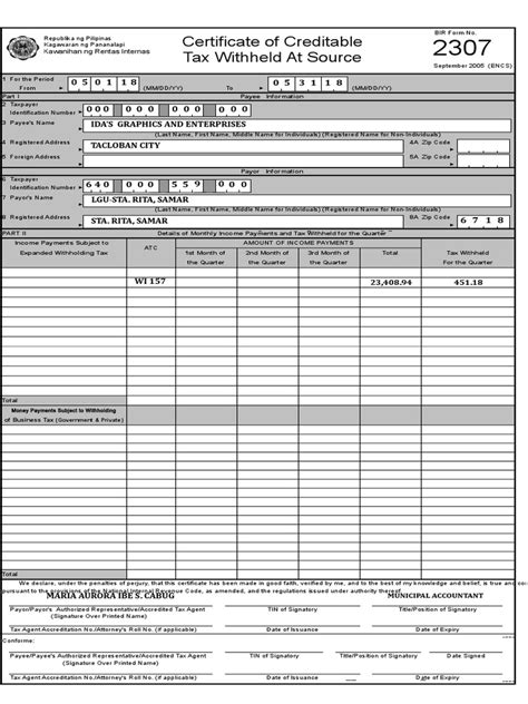 Bir Form 2307 Sample | Withholding Tax | Corporate Tax