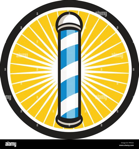 Illustration of a barber pole colored stripes set inside circle with sunburst in the background ...