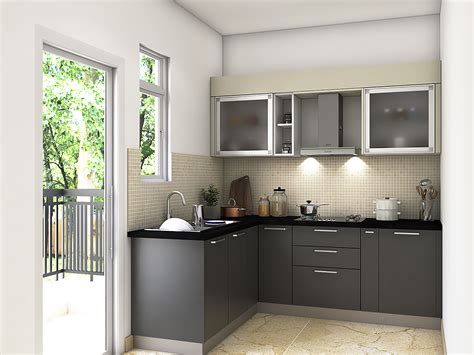 Economical Grey L-shaped Modular Kitchen Design – Using Champagne and Grey Colour Accents