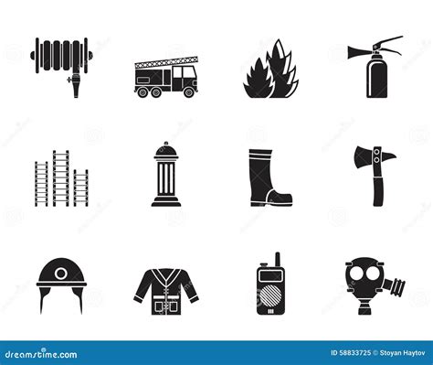 Silhouette Fire-brigade and Fireman Equipment Icon Stock Vector ...