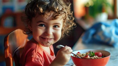 Premium Photo | Child eating acai in bowl with crunchy granola and fresh fruits smearing himself ...