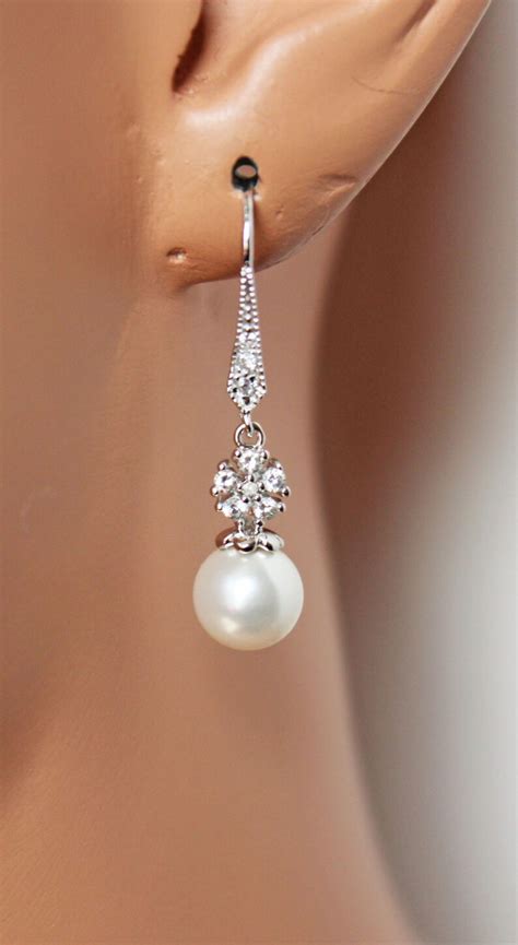 Pearl Drop Wedding Earrings, Cubic Zirconia Bridal Earrings, Simple ...