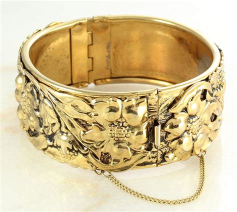 Vintage Repousse Bangle Bracelet - Gold-Tone Flower Blossom Wide Hinged ...