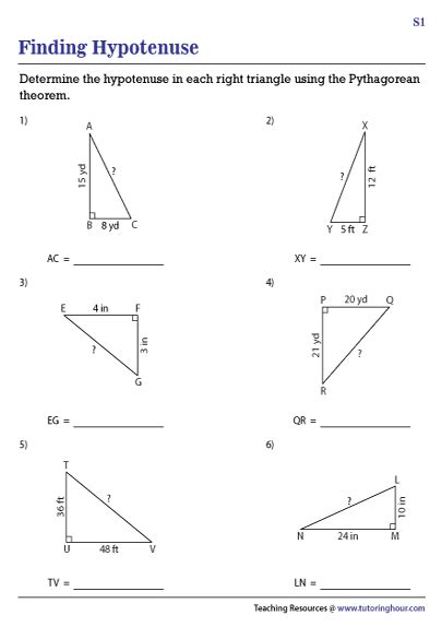 Finding the Hypotenuse Worksheets