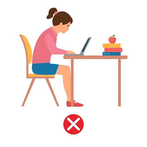 Incorrect posture kid. Girl sitting at laptop. Ergonomic sit chair computer bad body position ...