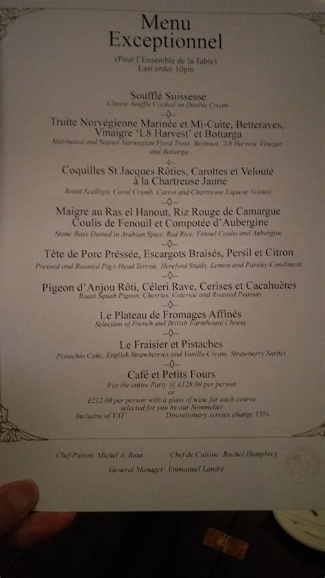 Menu at Le Gavroche restaurant, London