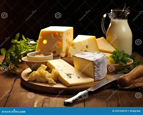 Table with Board of Different Types of Fresh Cheeses, Milk and Herbs ...