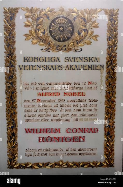 288 Nobel Prize certificate for Wilhelm Conrad Roentgen, 1 of 2, 10 December 1901 - Röntgen ...