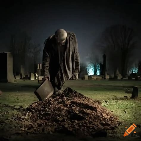 Man digging a grave at night in the cemetery on Craiyon