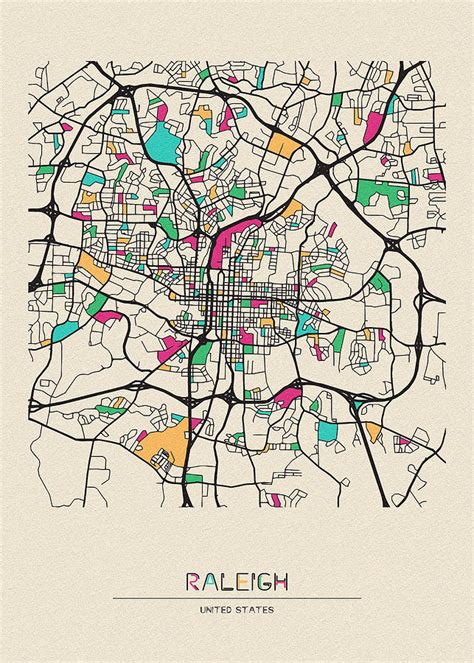 Raleigh, North Carolina City Map Drawing by Inspirowl Design - Pixels