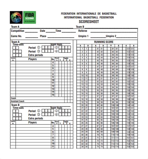 Basketball Score Sheet Printable Free